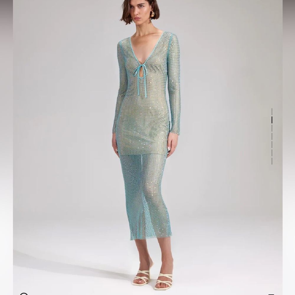 Self Portrait MINT RHINESTONE FISHNET KEYHOLE MIDI DRESS